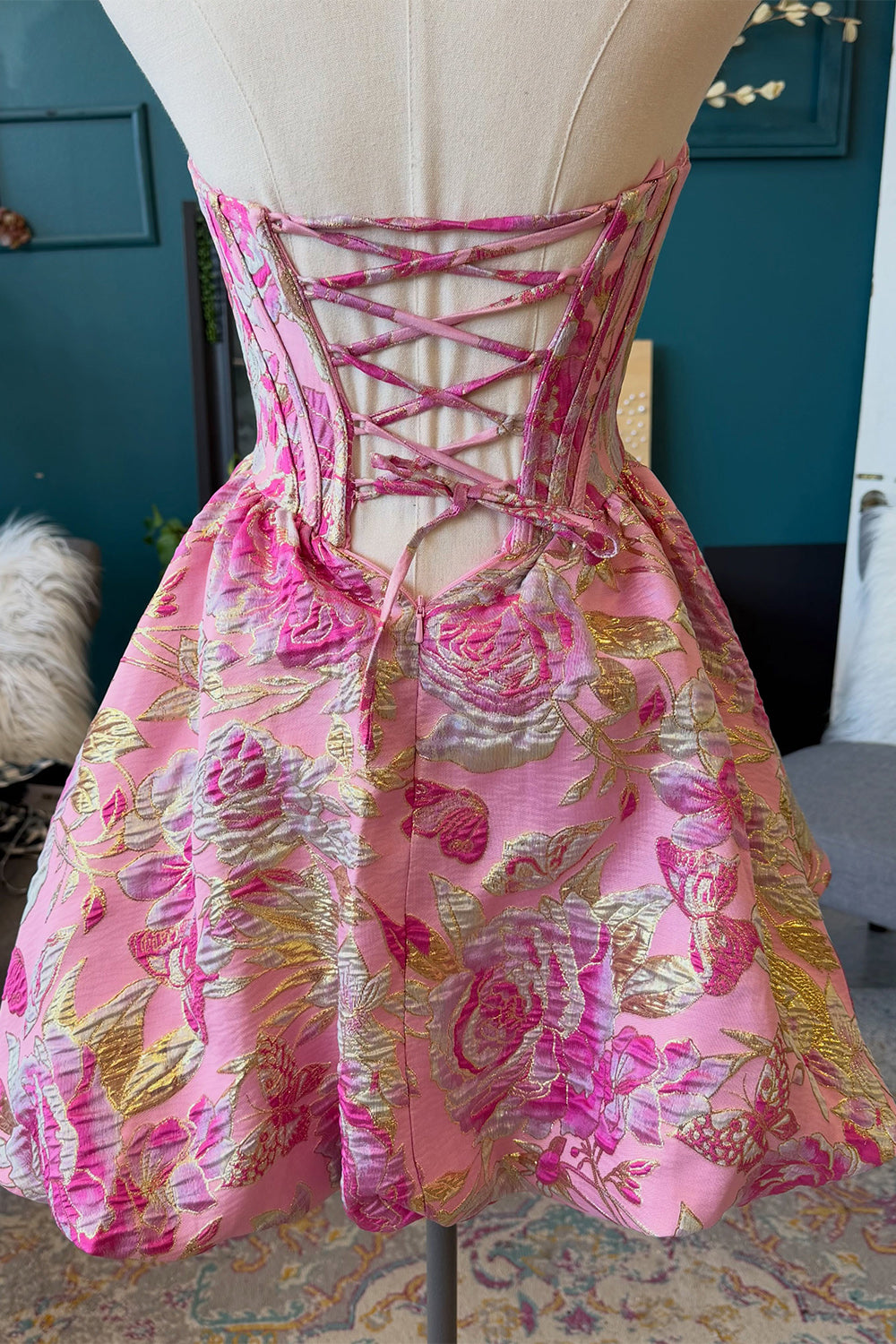 Blush Floral Strapless A-Line Corset Short Homecoming Dress