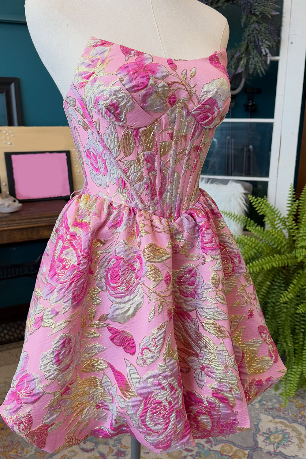 Blush Floral Strapless A-Line Corset Short Homecoming Dress