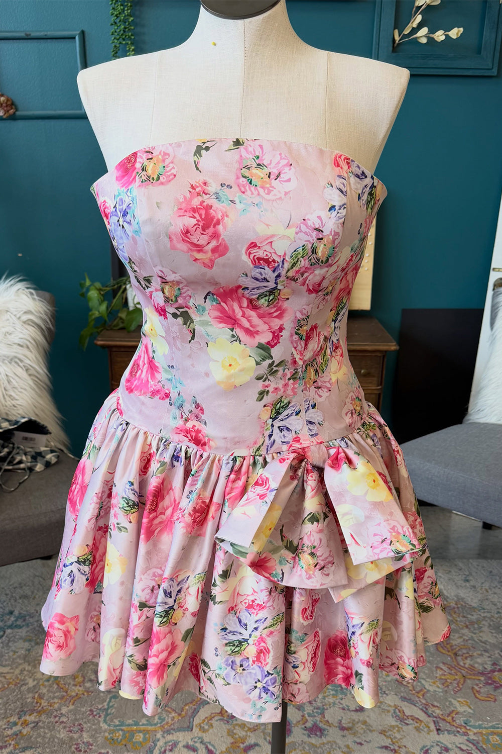 Floral Pink Strapless A-Line Short Homecoming Dress with Bow
