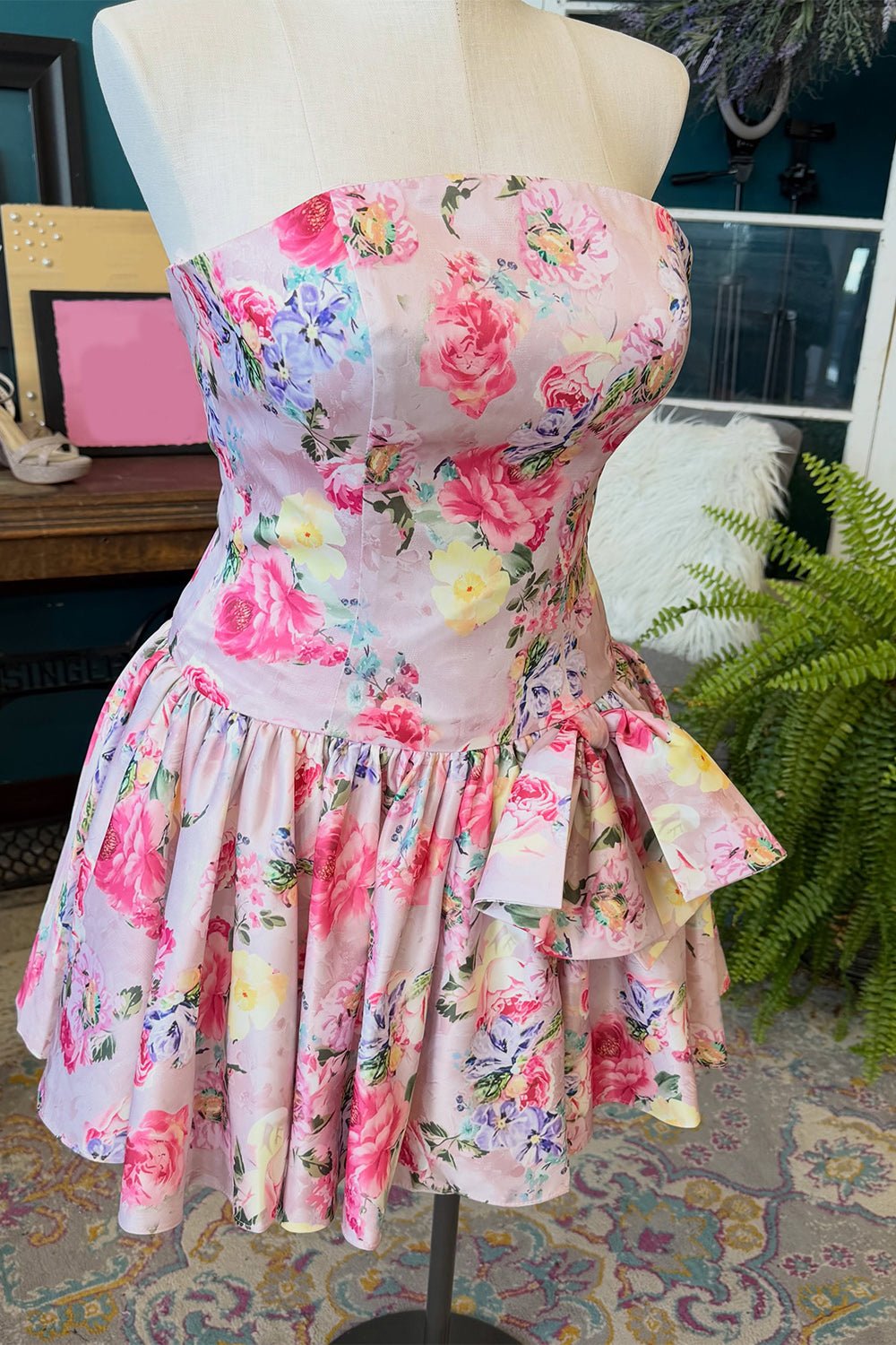Floral Pink Strapless A-Line Short Homecoming Dress with Bow