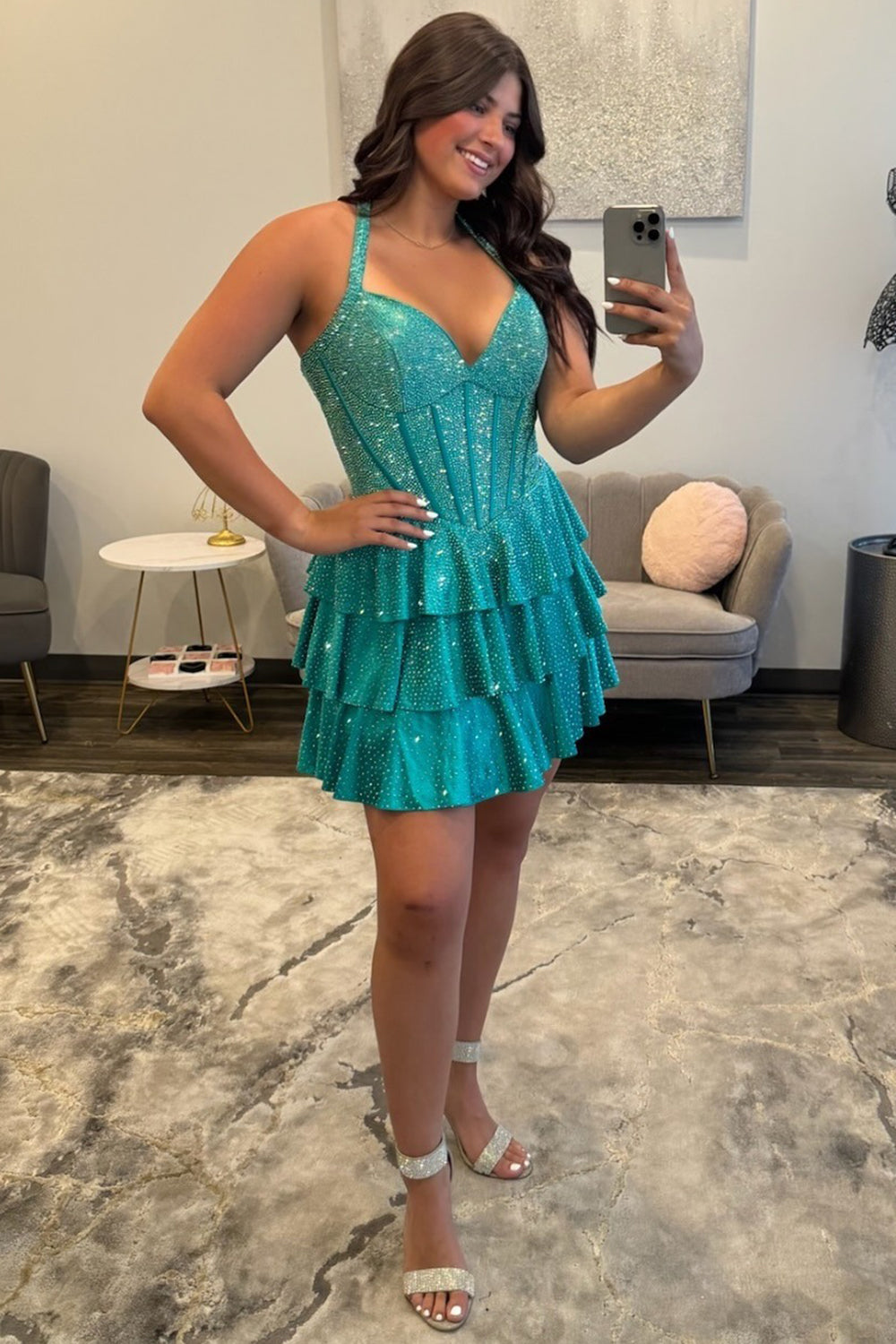Green Sparkly Corset Ruffled Halter Beaded Short Homecoming Dress