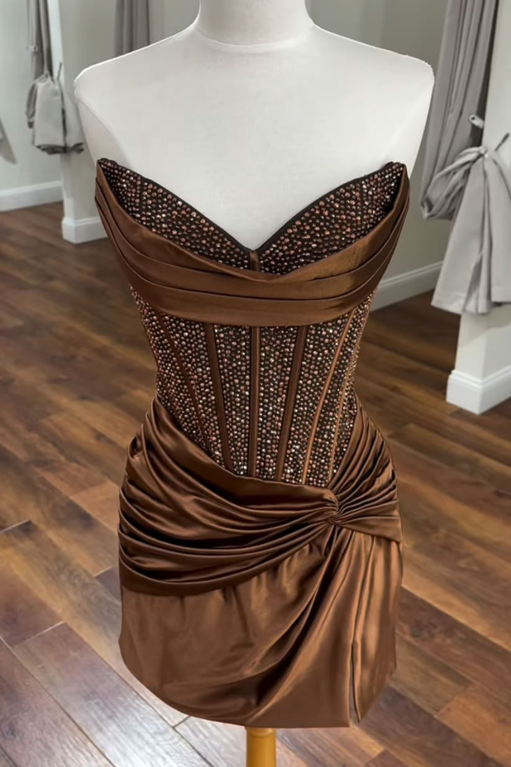 Coffee Sparkly Beaded Corset Sweetheart Ruched Tight Short Homecoming Dress