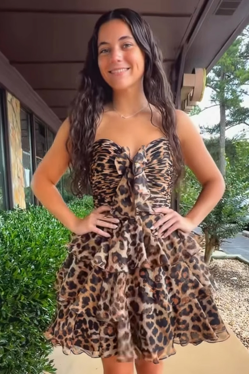 Pink Floral Strapless Ruffled Short Homecoming Dress with Bow