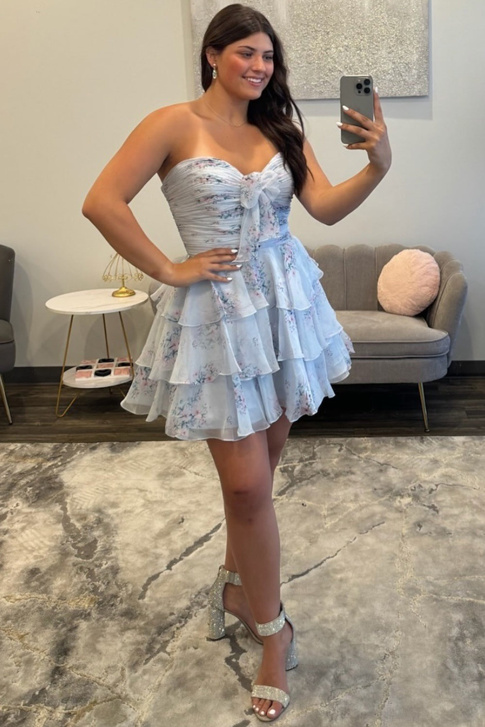 Yellow Tiered Strapless Short Floral Homecoming Dress with Bow