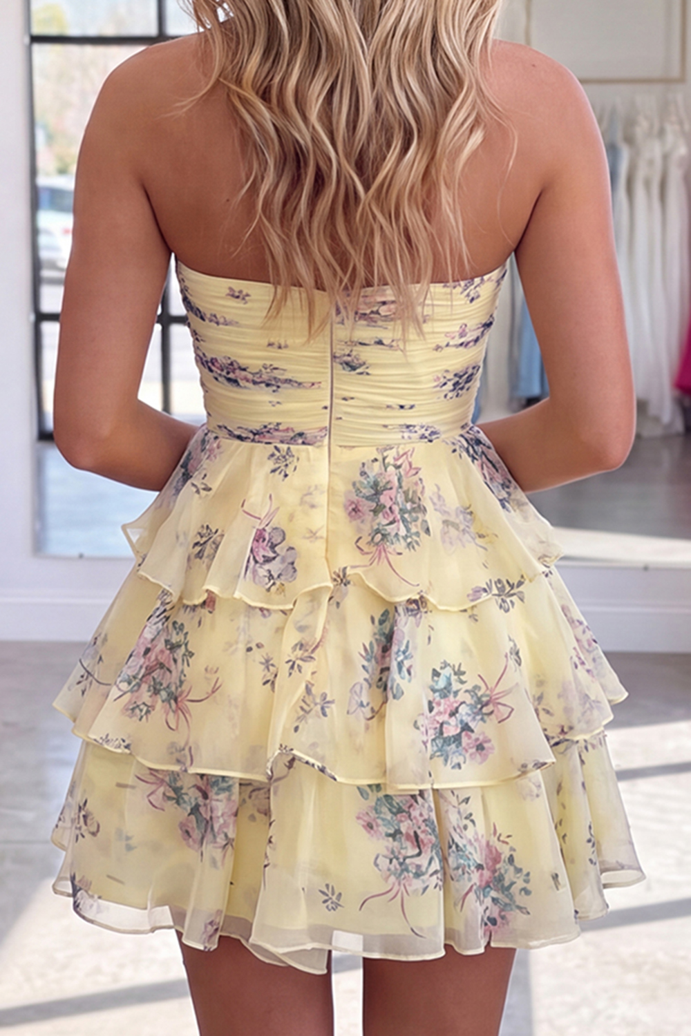 Yellow Tiered Strapless Short Floral Homecoming Dress with Bow