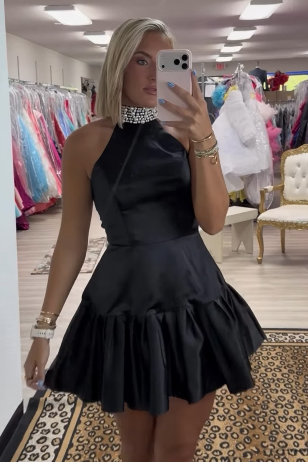 Black Halter Ruffled Short A-Line Homecoming Dress with Pearls