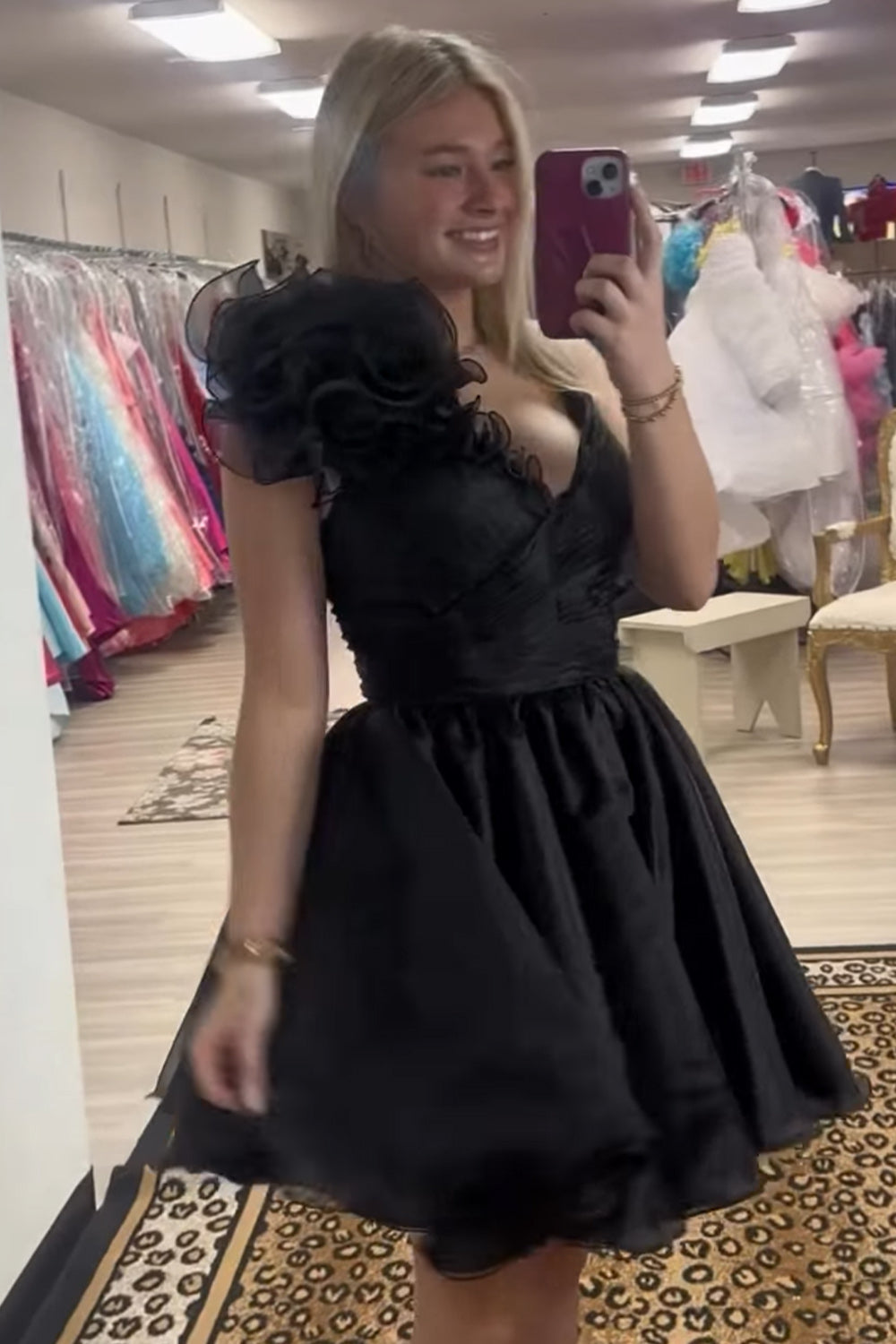 Black V-Neck Ruched Short Homecoming Dress with 3D Flower