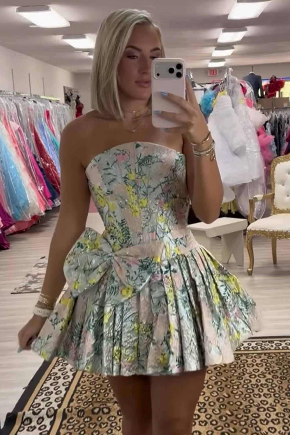 Light Green Floral Corset Strapless Short Homecoming Dress with Bow