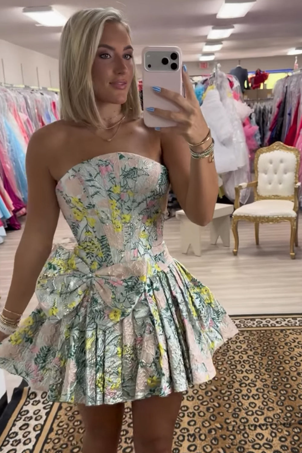 Light Green Floral Corset Strapless Short Homecoming Dress with Bow