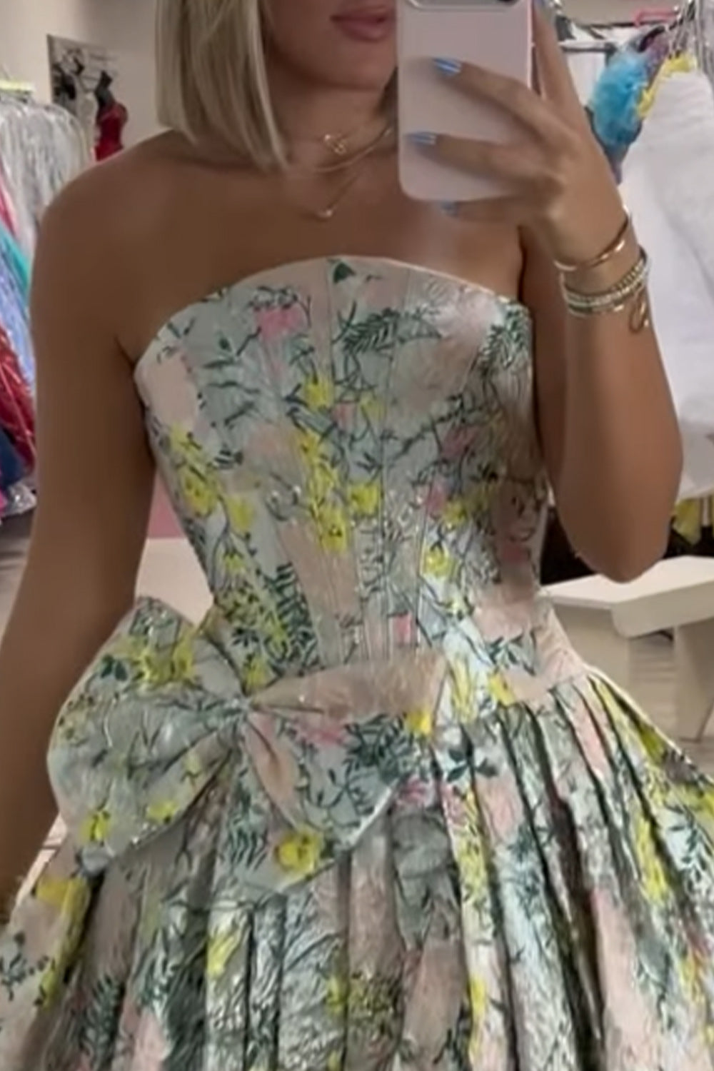 Light Green Floral Corset Strapless Short Homecoming Dress with Bow
