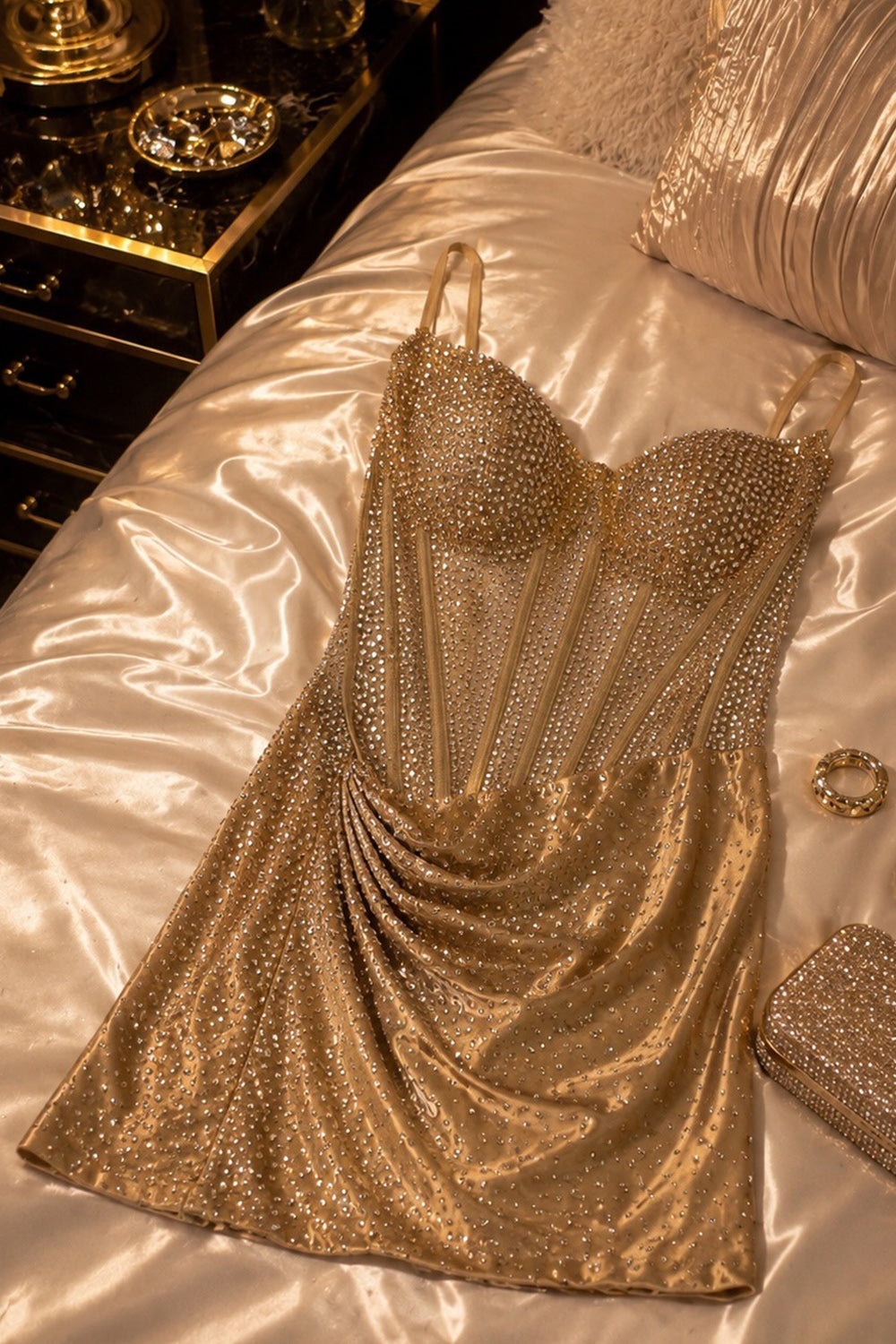 Gold Corset Sparkly Beaded Ruched Short Homecoming Dress