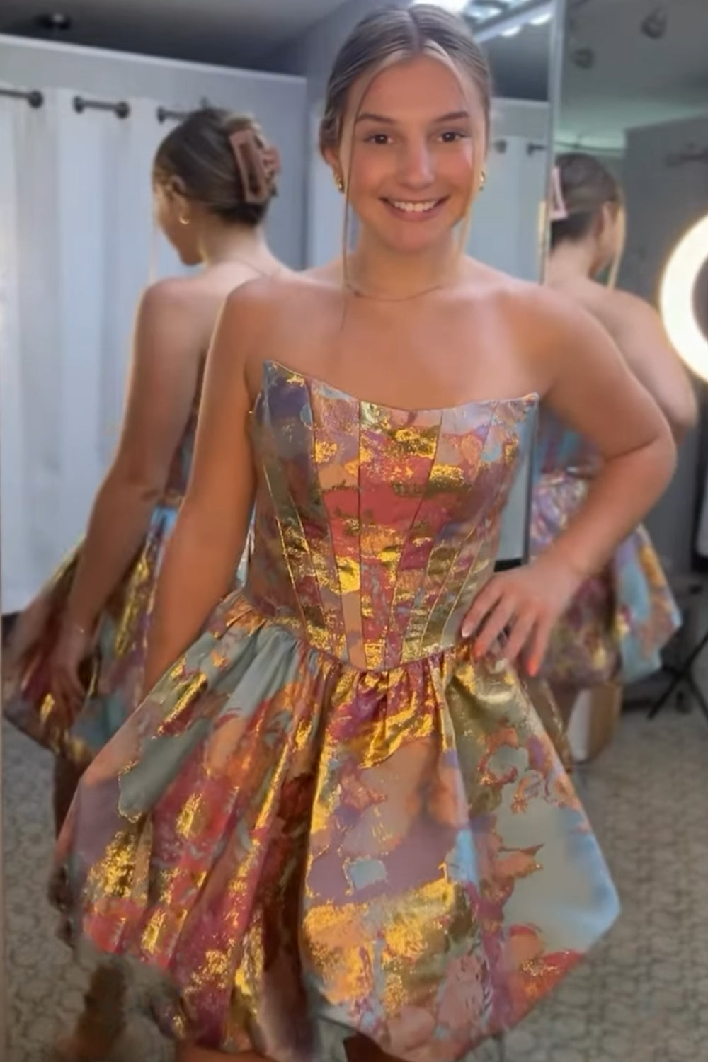 Green and Gold Strapless Corset Short Bubble A-Line Homecoming Dress