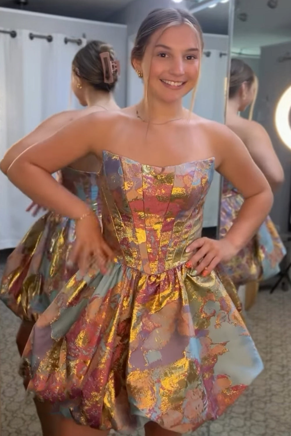 Green and Gold Strapless Corset Short Bubble A-Line Homecoming Dress