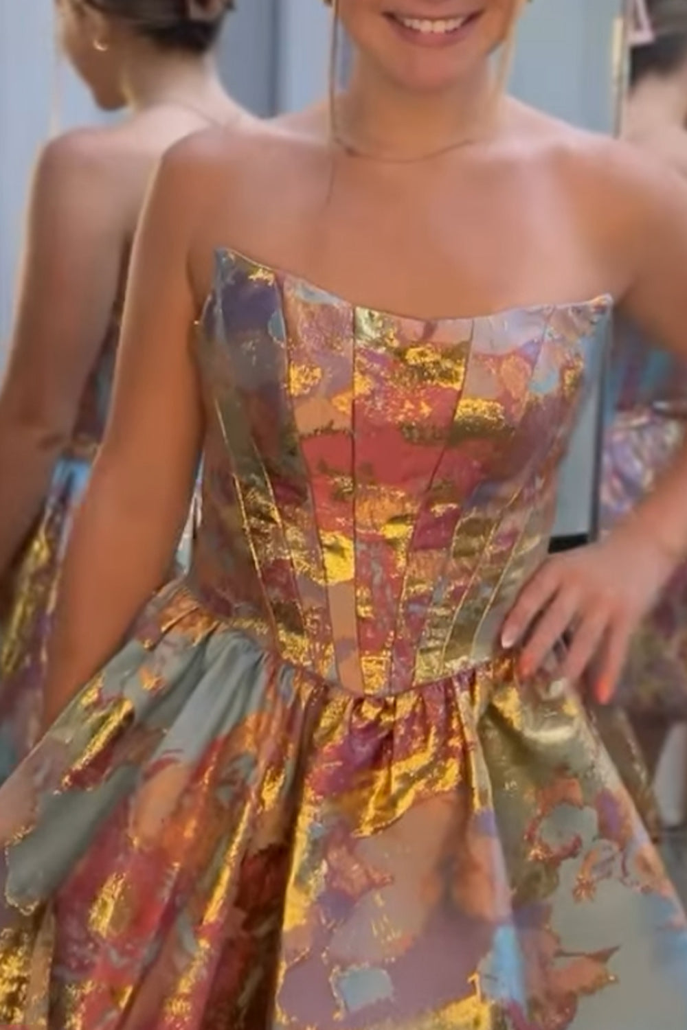 Green and Gold Strapless Corset Short Bubble A-Line Homecoming Dress