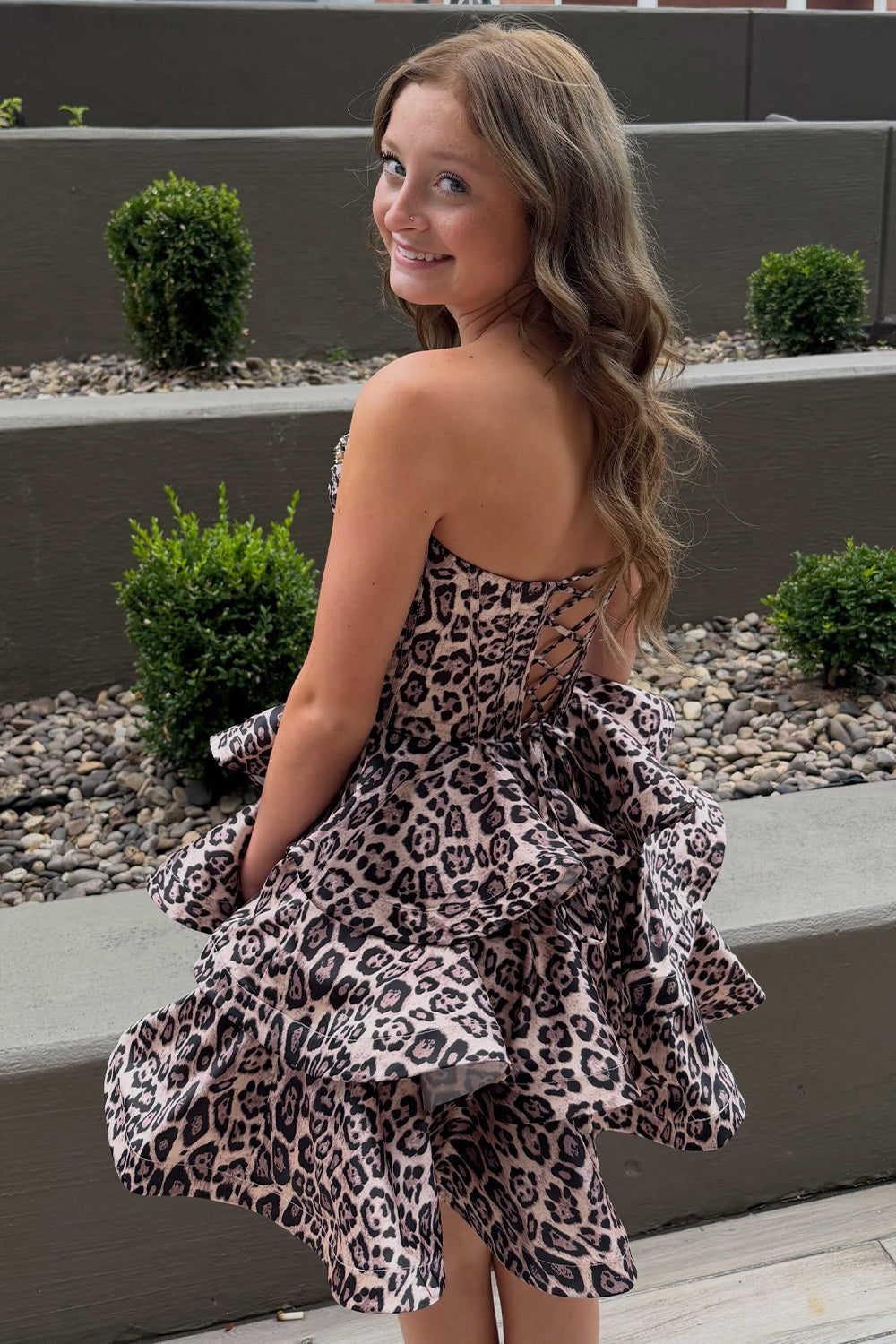 Brown Leopard Sparkly Corset Ruffled Strapless Beaded Short Homecoming Dress