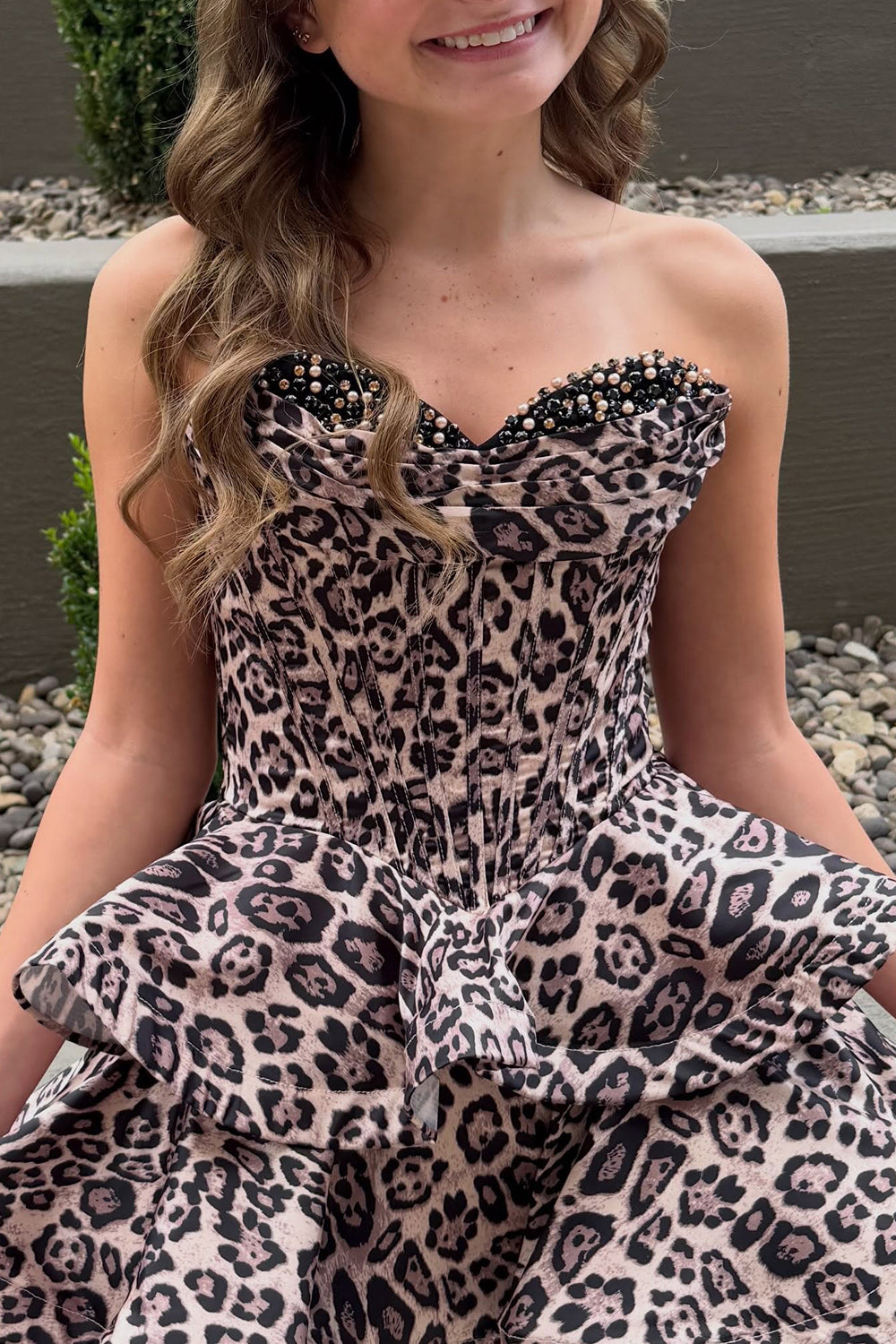 Brown Leopard Sparkly Corset Ruffled Strapless Beaded Short Homecoming Dress