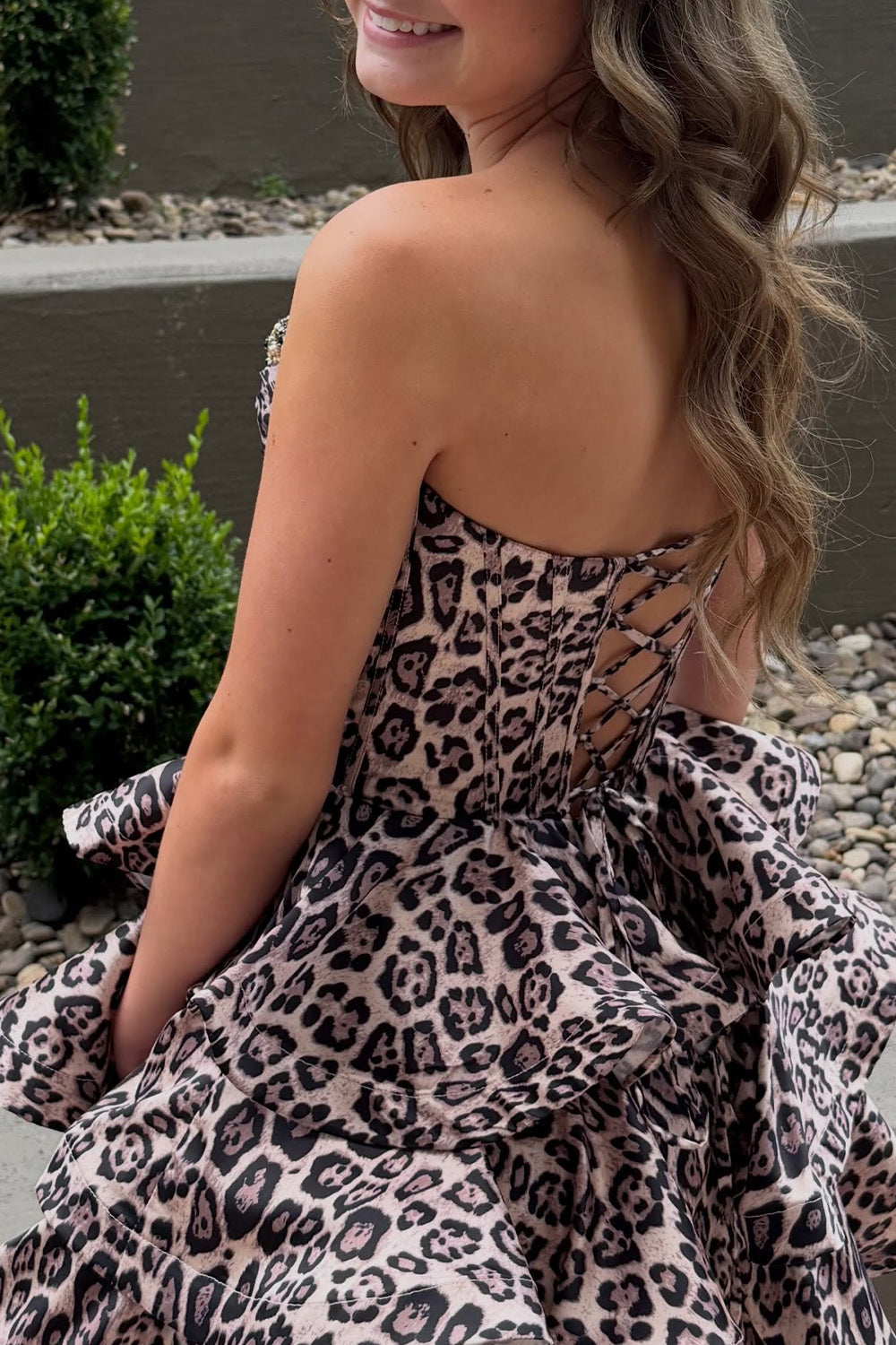Brown Leopard Sparkly Corset Ruffled Strapless Beaded Short Homecoming Dress
