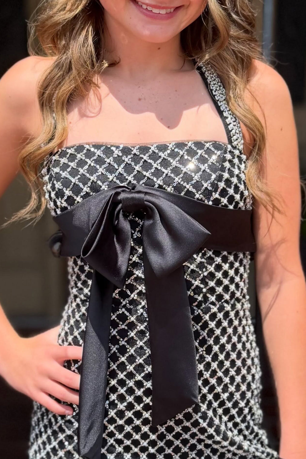 Black Tight SPARKLY Halter Short Homecoming Dress with Bow