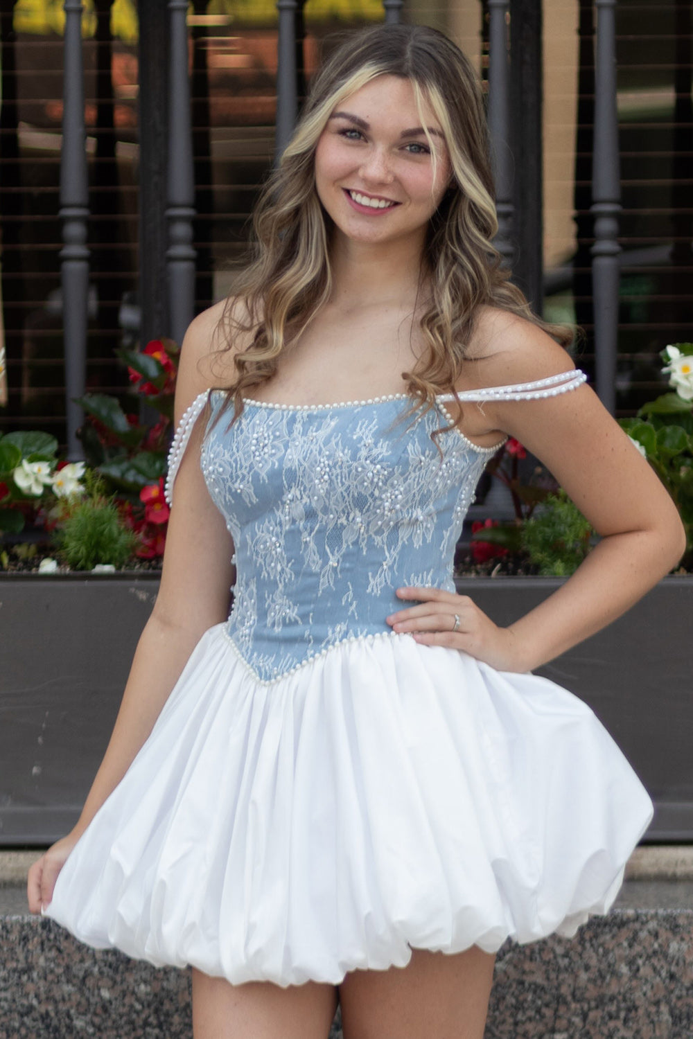 White and Blue Sparkly Corset A-Line Short Homecoming Dress with Pearls