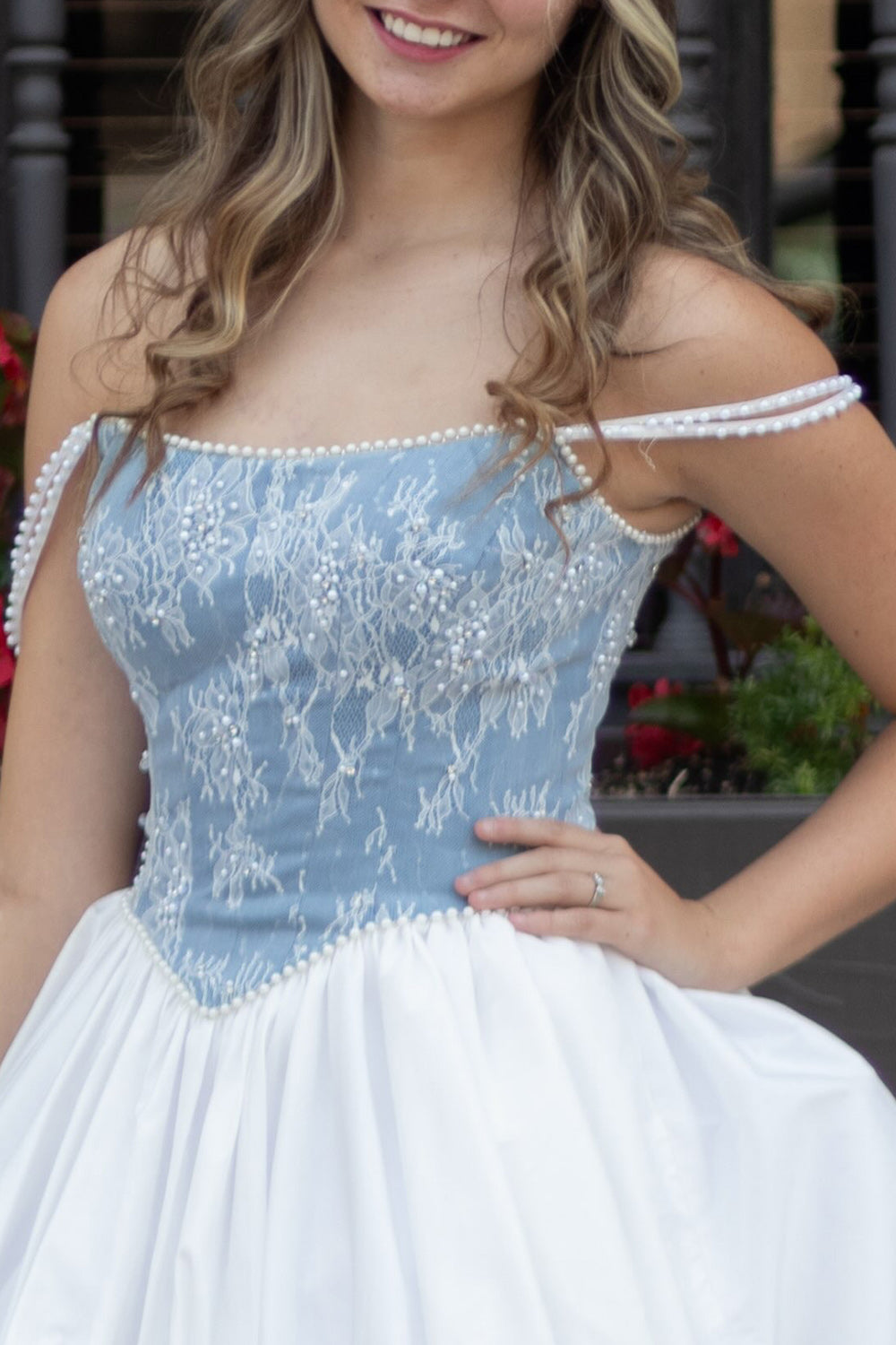 White and Blue Sparkly Corset A-Line Short Homecoming Dress with Pearls