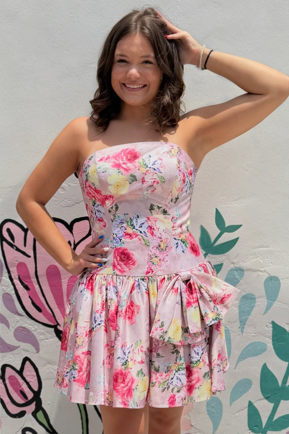 Floral Pink Strapless A-Line Short Homecoming Dress with Bow
