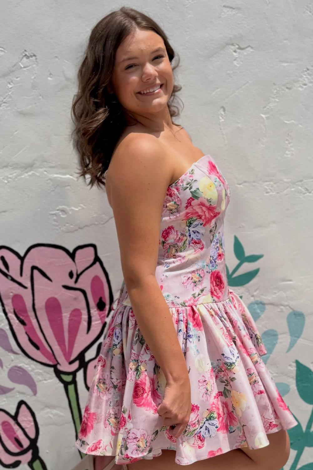 Floral Pink Strapless A-Line Short Homecoming Dress with Bow