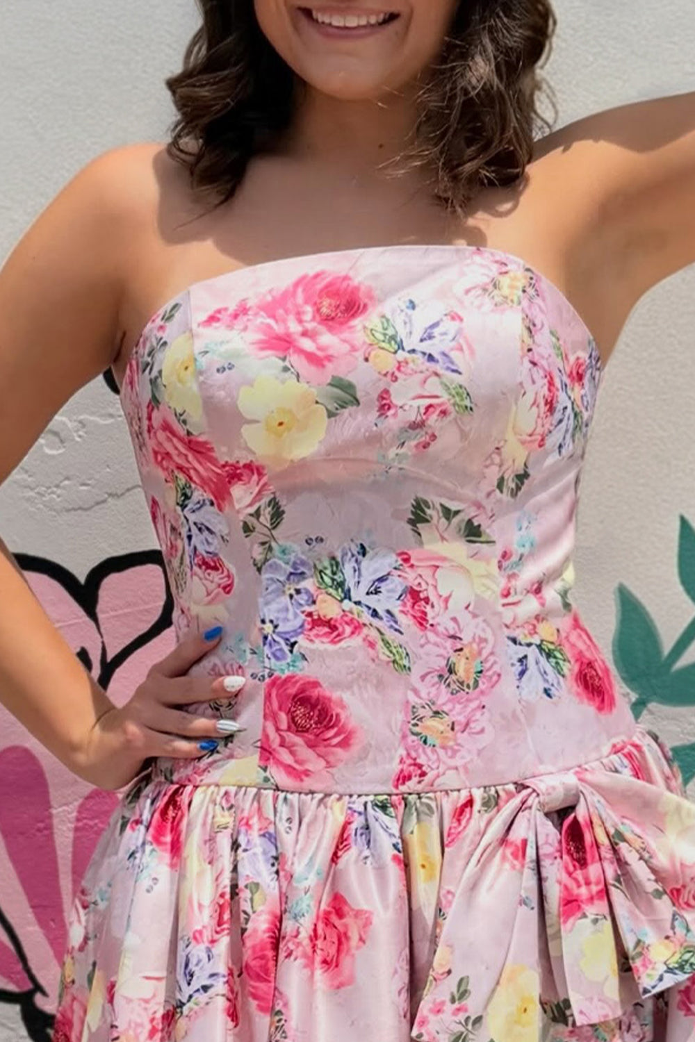 Floral Pink Strapless A-Line Short Homecoming Dress with Bow