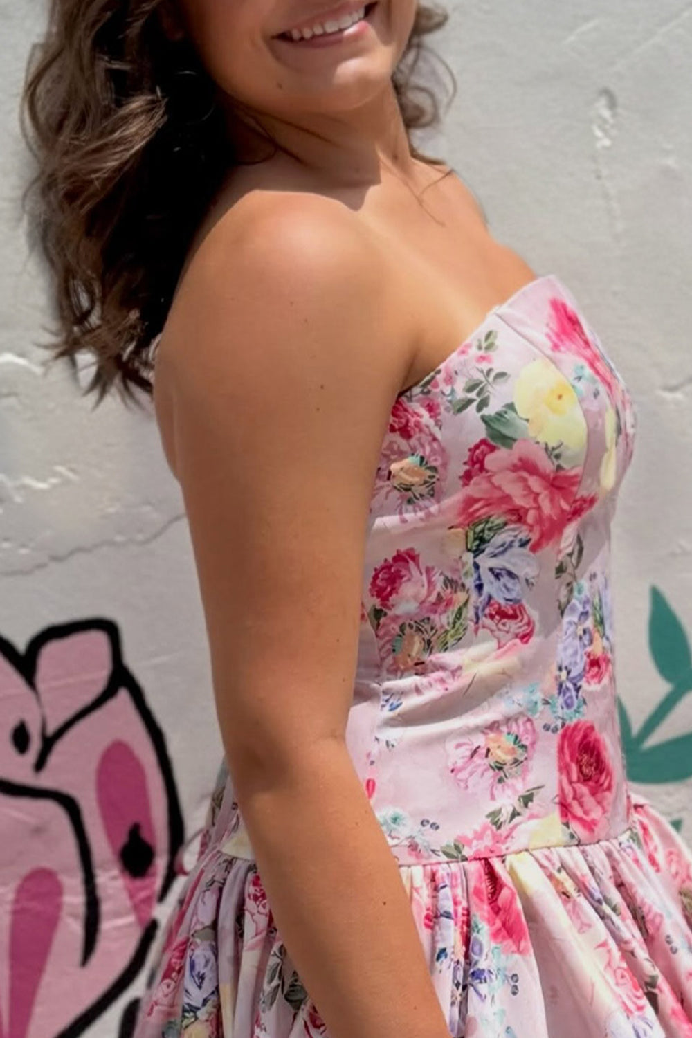 Floral Pink Strapless A-Line Short Homecoming Dress with Bow