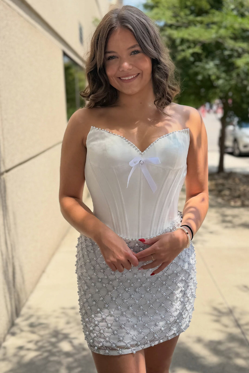 White Sparkly Corset Strapless Tight Short Homecoming Dress with Pearls