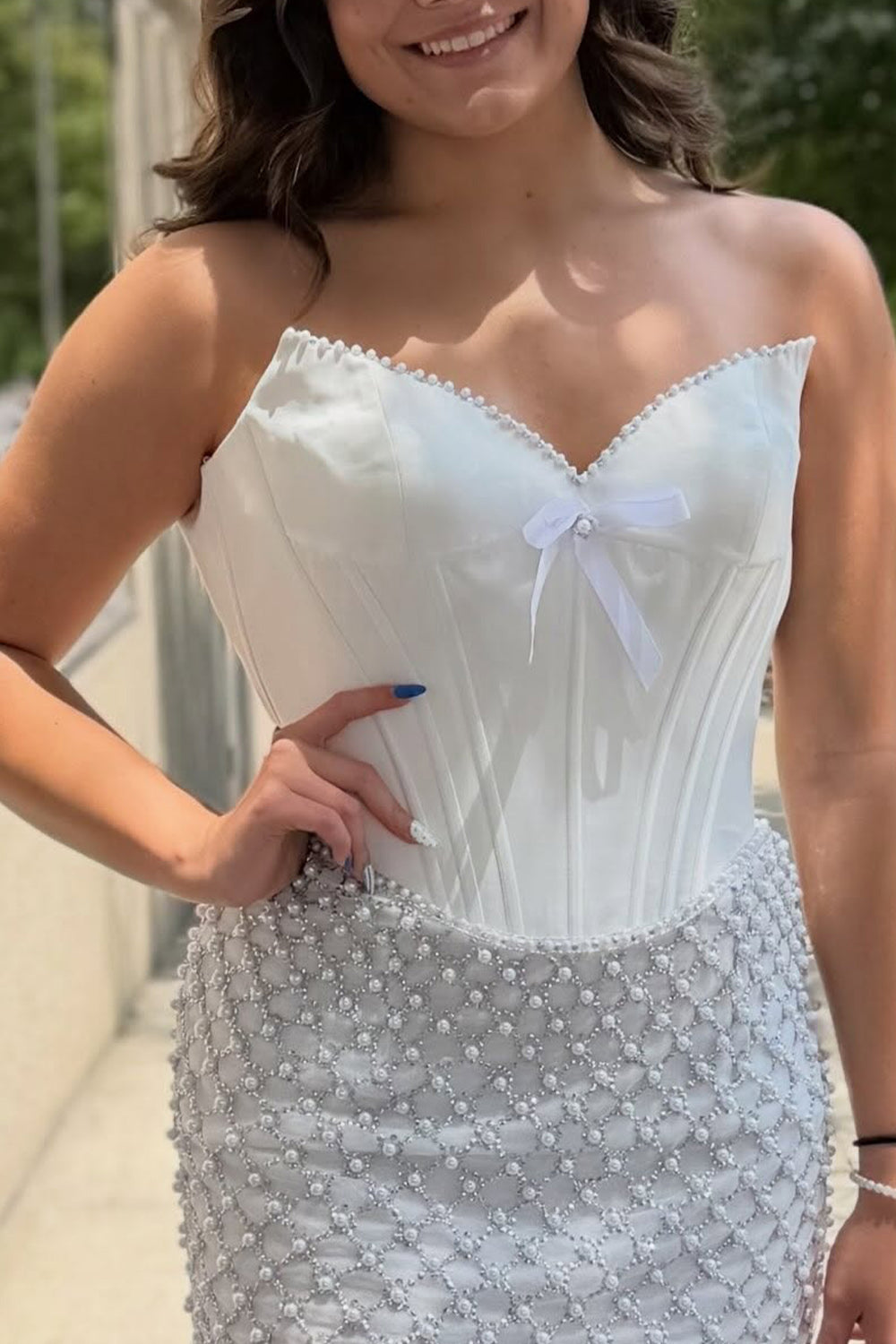 White Sparkly Corset Strapless Tight Short Homecoming Dress with Pearls