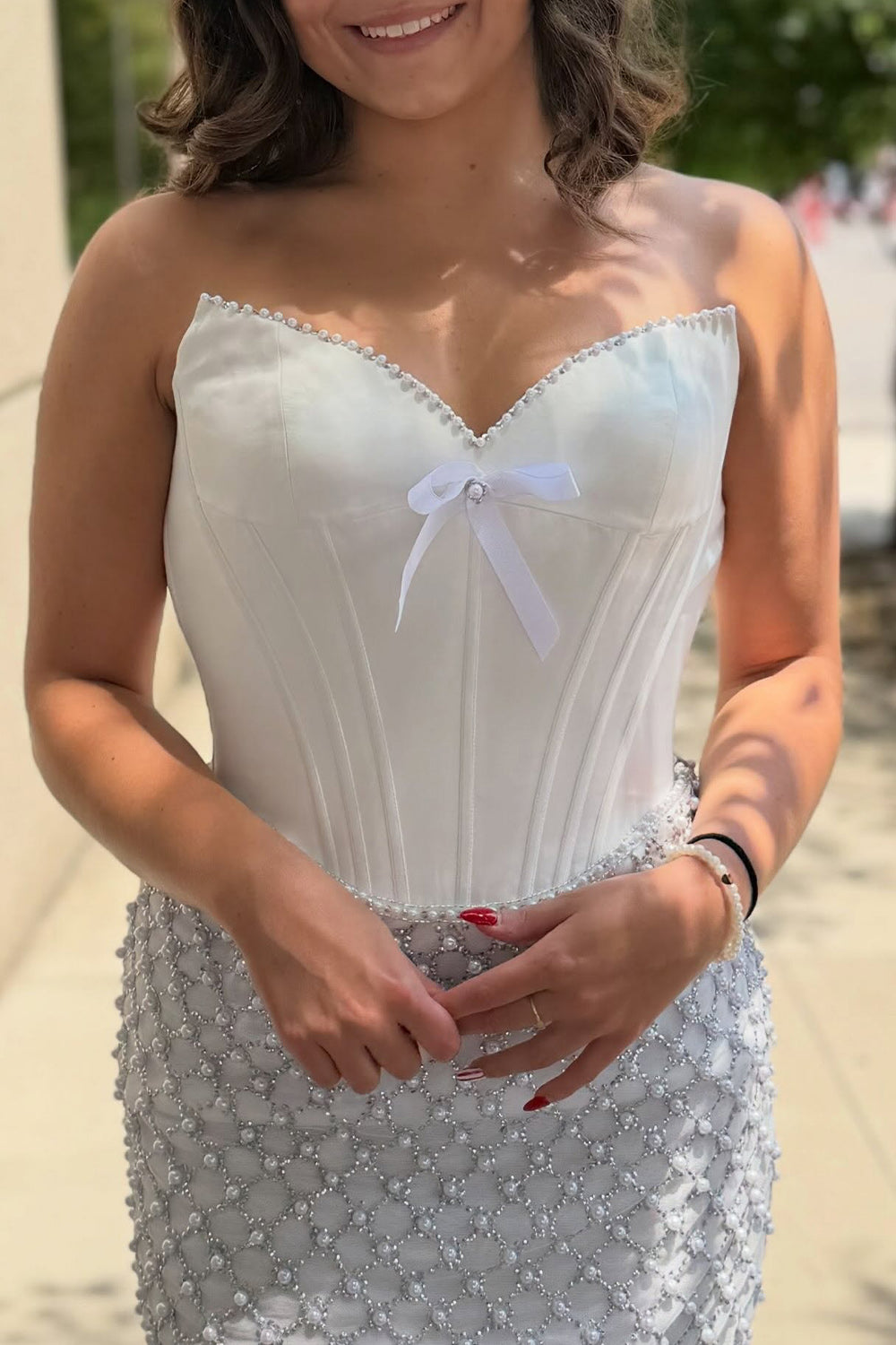 White Sparkly Corset Strapless Tight Short Homecoming Dress with Pearls