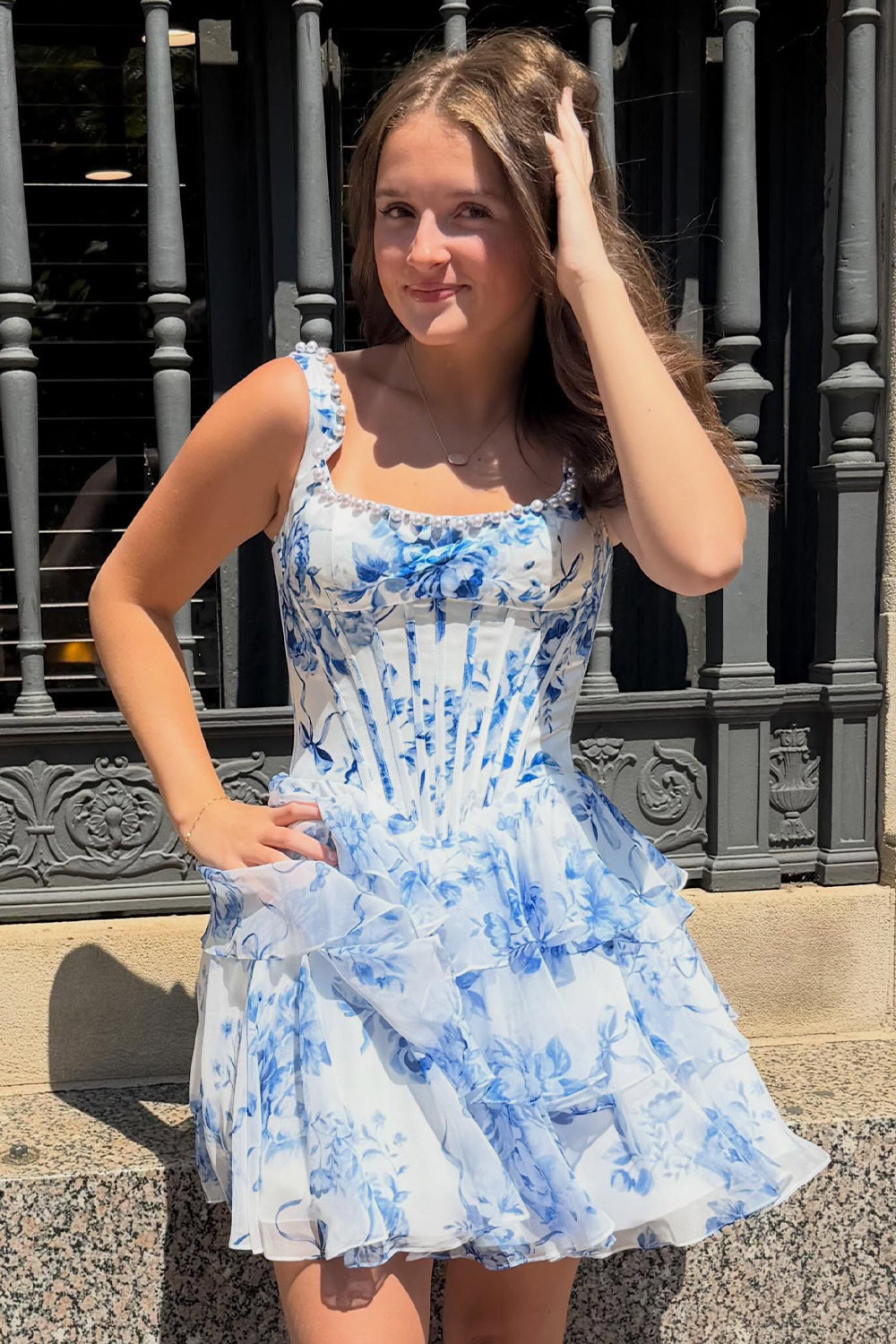 Blue Flower Corset Ruffled Short Homecoming Dress with Pearls