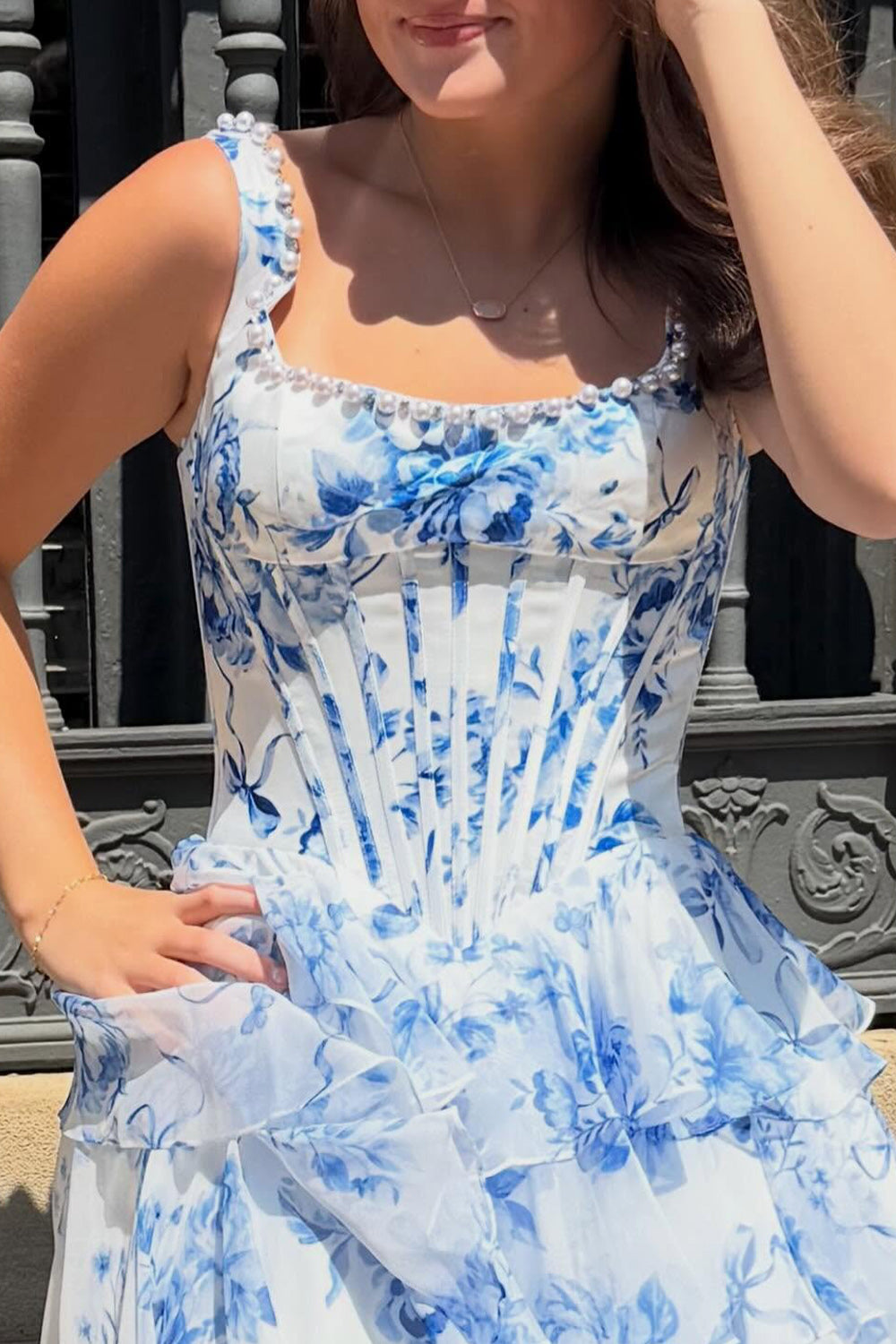 Blue Flower Corset Ruffled Short Homecoming Dress with Pearls