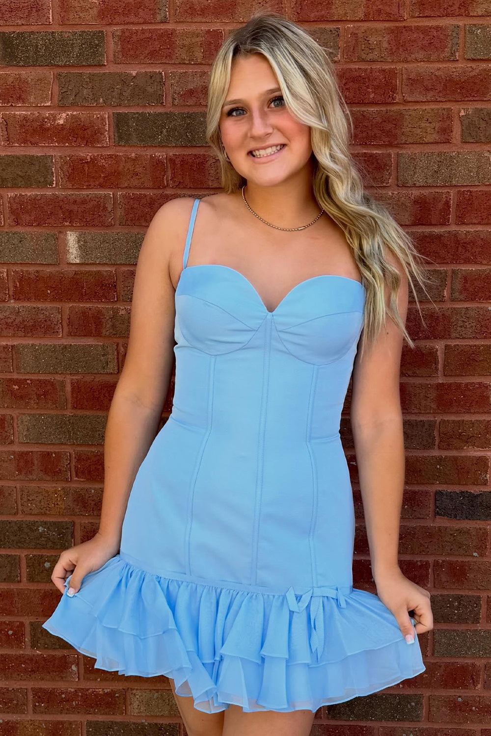 111Light Blue Corset Bodycon Short Homecoming Dress with Ruffles