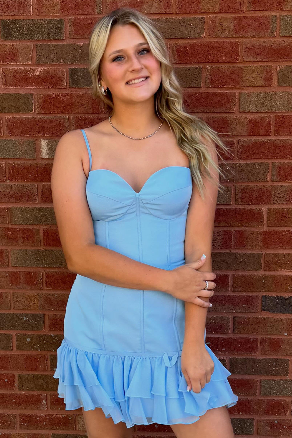 111Light Blue Corset Bodycon Short Homecoming Dress with Ruffles