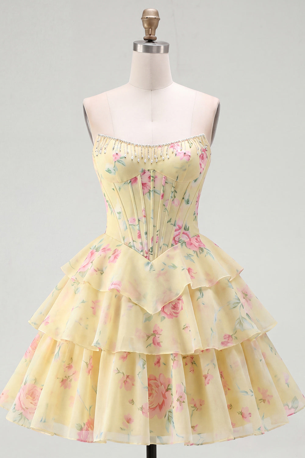 Pink Floral A Line Short Corset Fringed Strapless Homecoming Dress with Ruffles