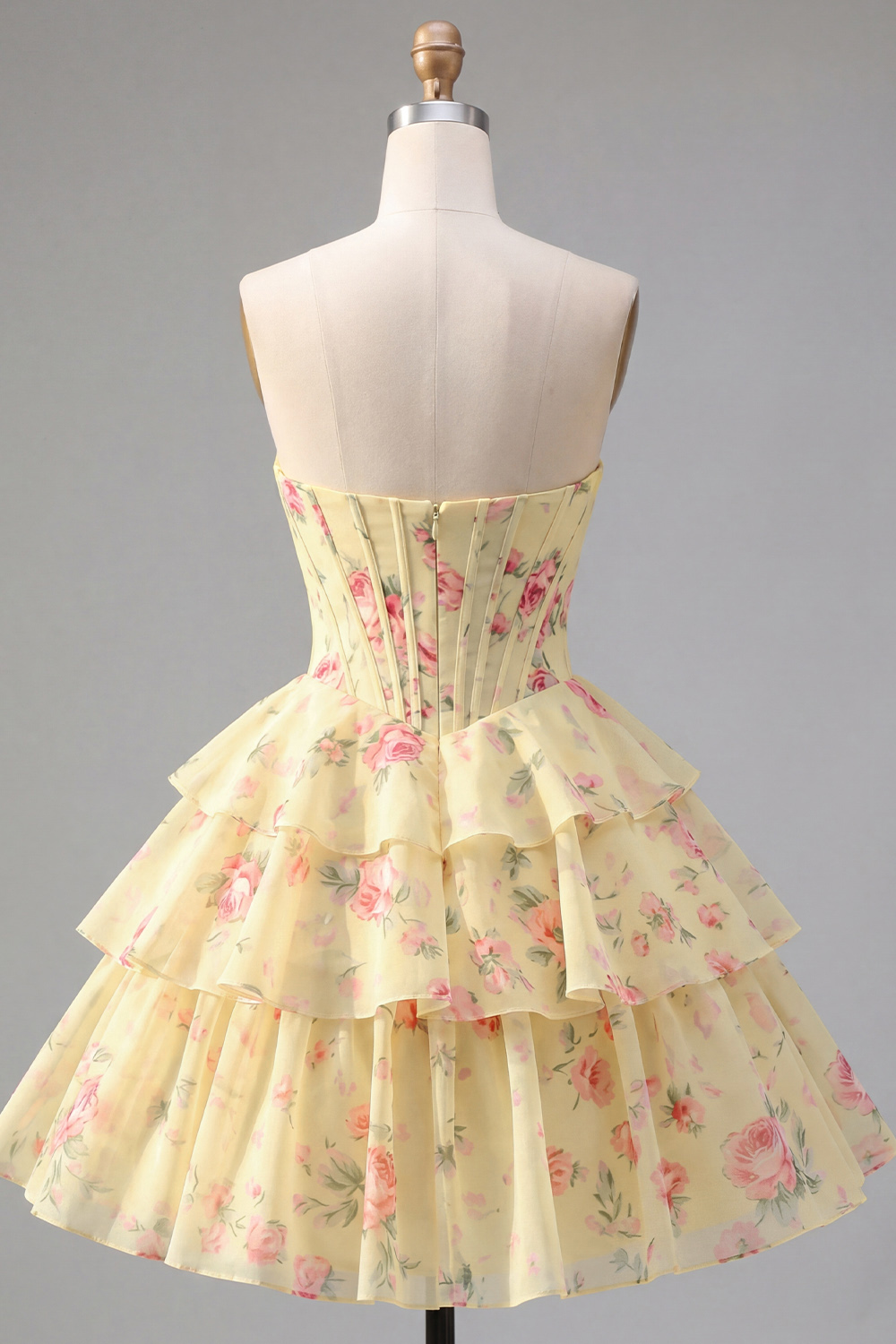 Pink Floral A Line Short Corset Fringed Strapless Homecoming Dress with Ruffles