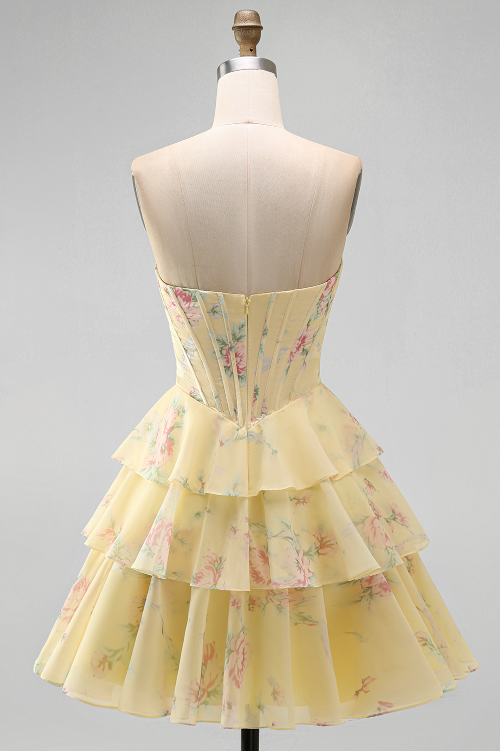 Pink Floral A Line Short Corset Fringed Strapless Homecoming Dress with Ruffles