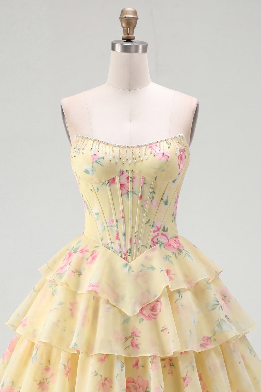 Pink Floral A Line Short Corset Fringed Strapless Homecoming Dress with Ruffles