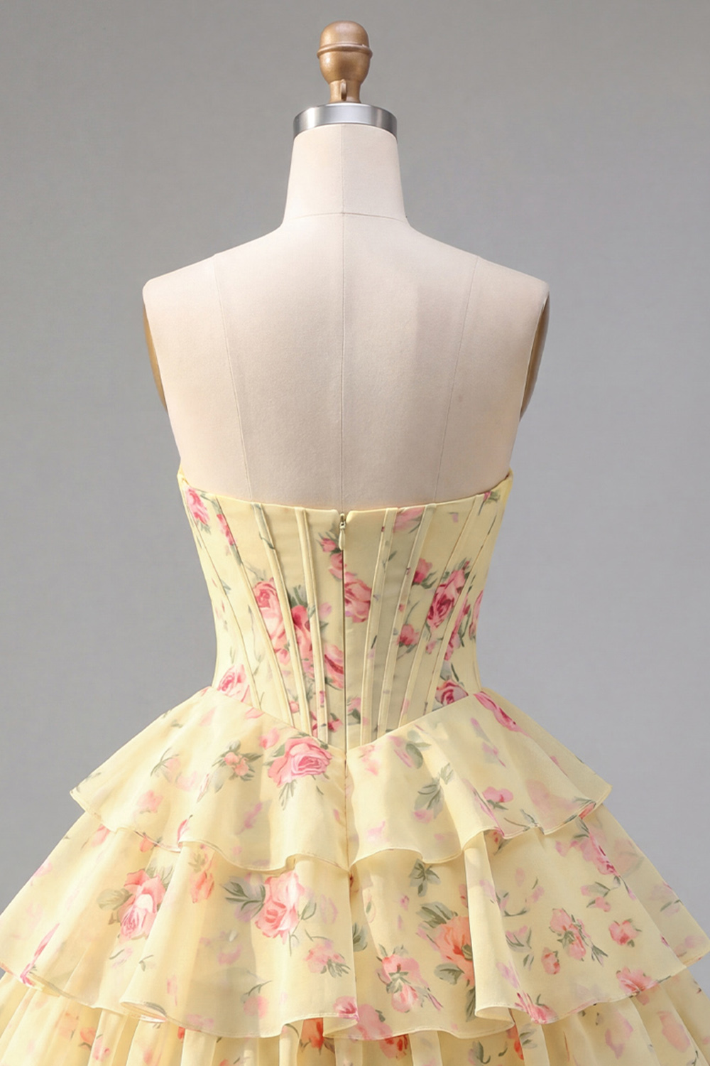 Pink Floral A Line Short Corset Fringed Strapless Homecoming Dress with Ruffles