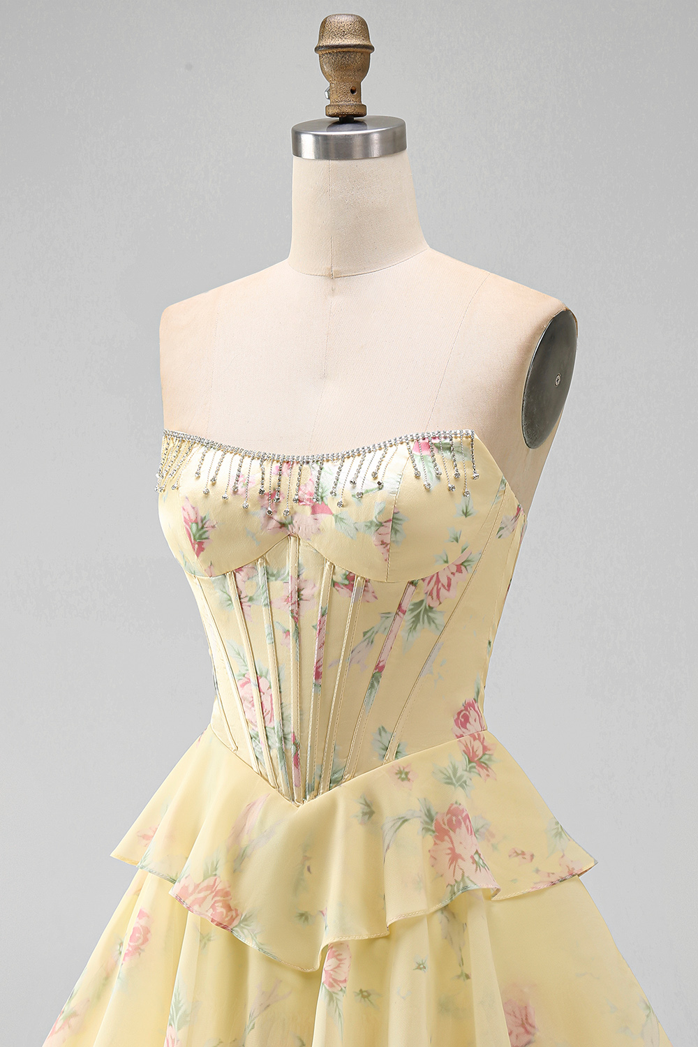 Pink Floral A Line Short Corset Fringed Strapless Homecoming Dress with Ruffles