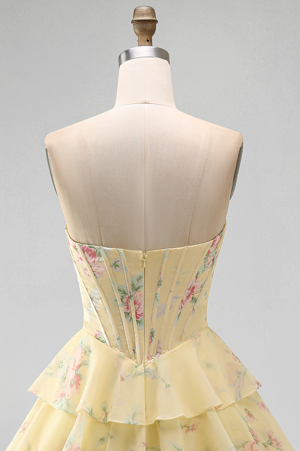 Pink Floral A Line Short Corset Fringed Strapless Homecoming Dress with Ruffles
