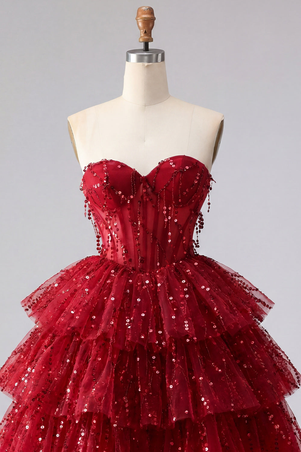 Sparkly Burgundy A Line Short Strapless Beaded Corset Homecoming Dress