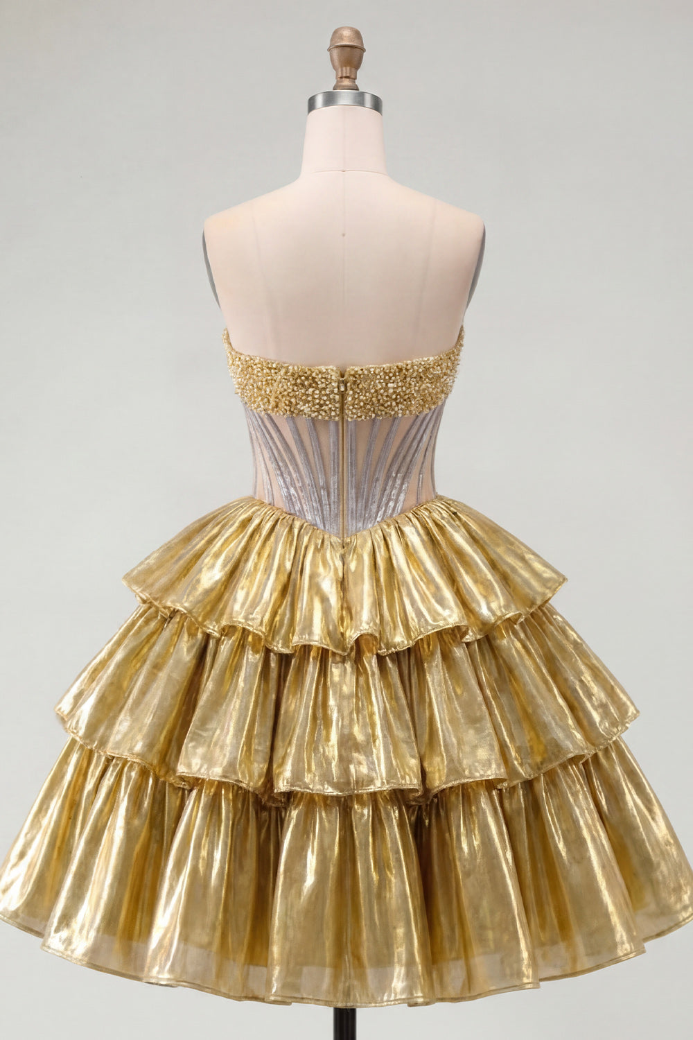 Sparkly Golden Strapless Beaded A Line Short Corset Metallic Homecoming Dress