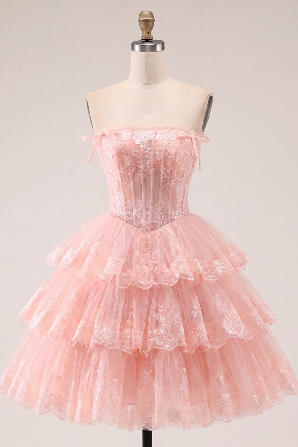 Lilac Floral A Line Strapless Short Corset Homecoming Dress with Ruffles