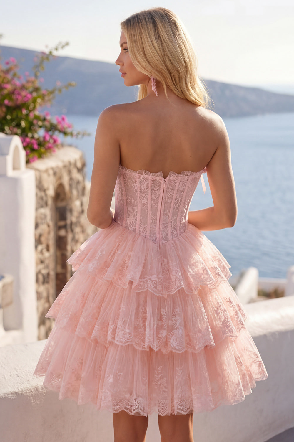 Lilac Floral A Line Strapless Short Corset Homecoming Dress with Ruffles