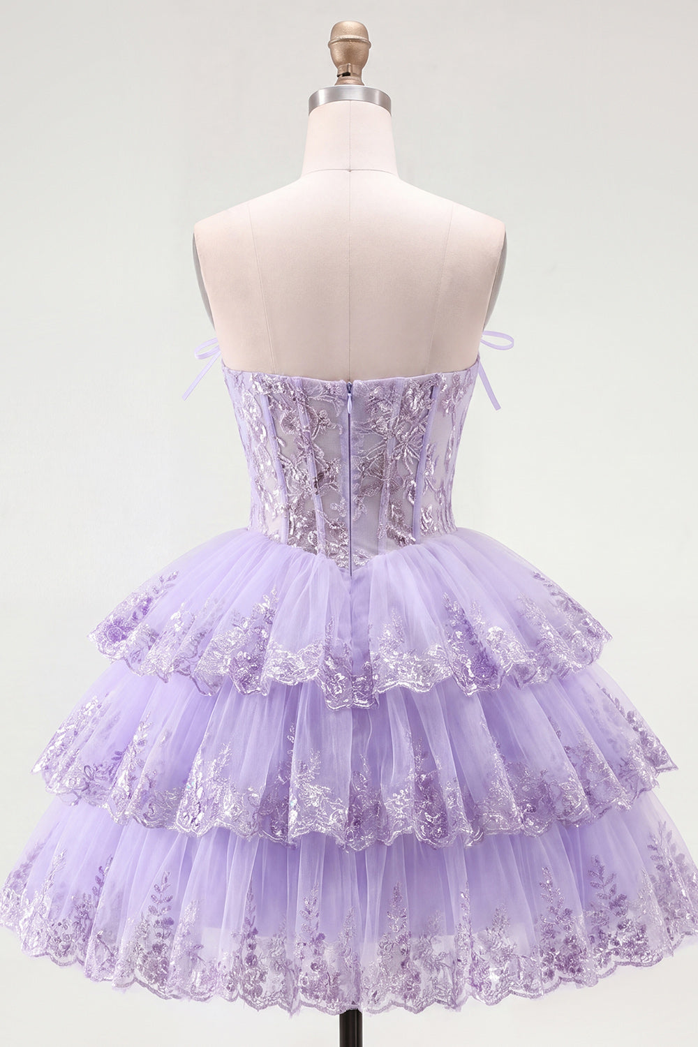 Lilac Floral A Line Strapless Short Corset Homecoming Dress with Ruffles