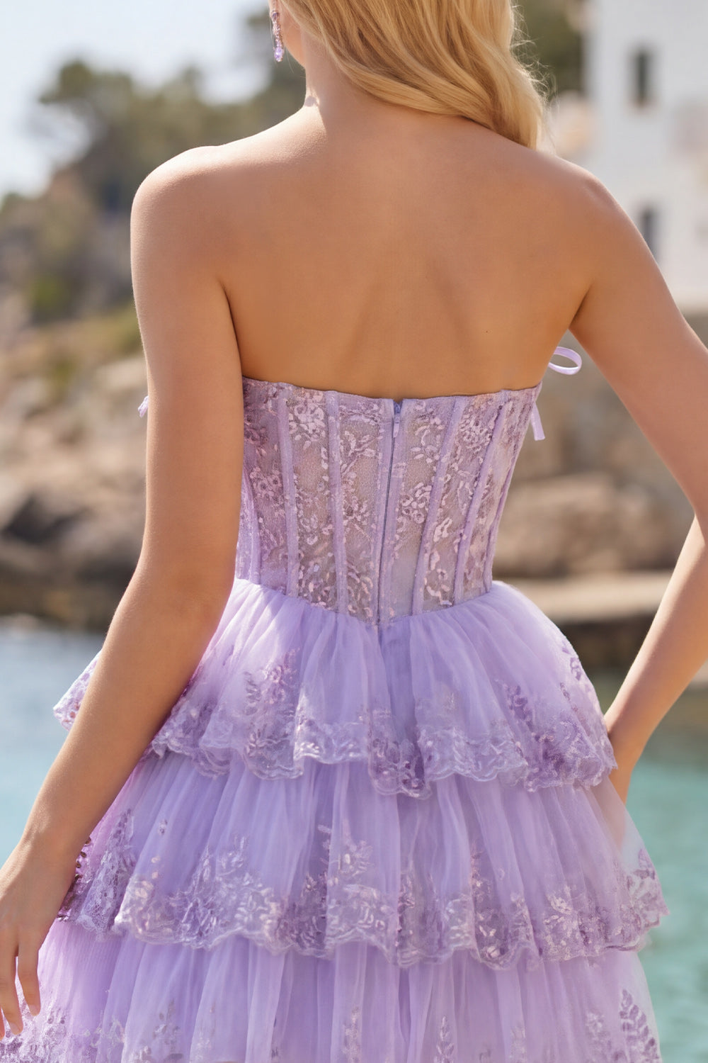 Lilac Floral A Line Strapless Short Corset Homecoming Dress with Ruffles