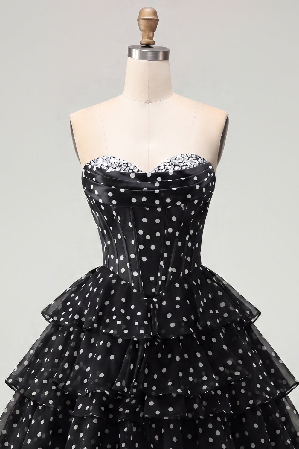 White Polka Dots Strapless A Line Short Corset Homecoming Dress with Ruffles