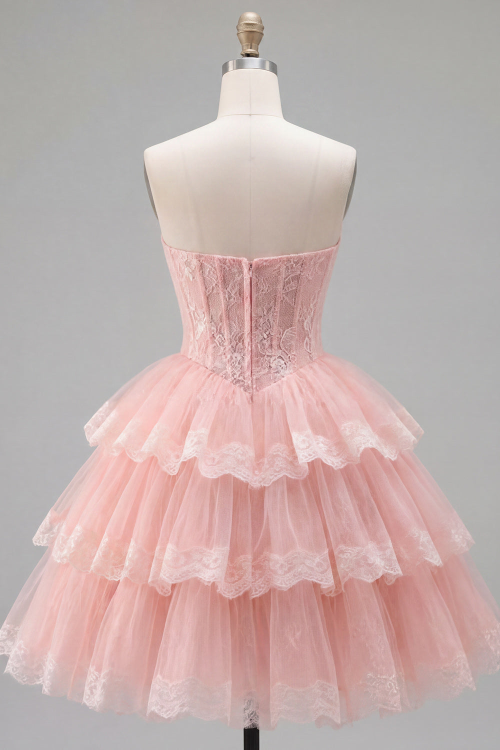 Pink Floral Strapless Lace Short Corset Homecoming Dress with Ruffles